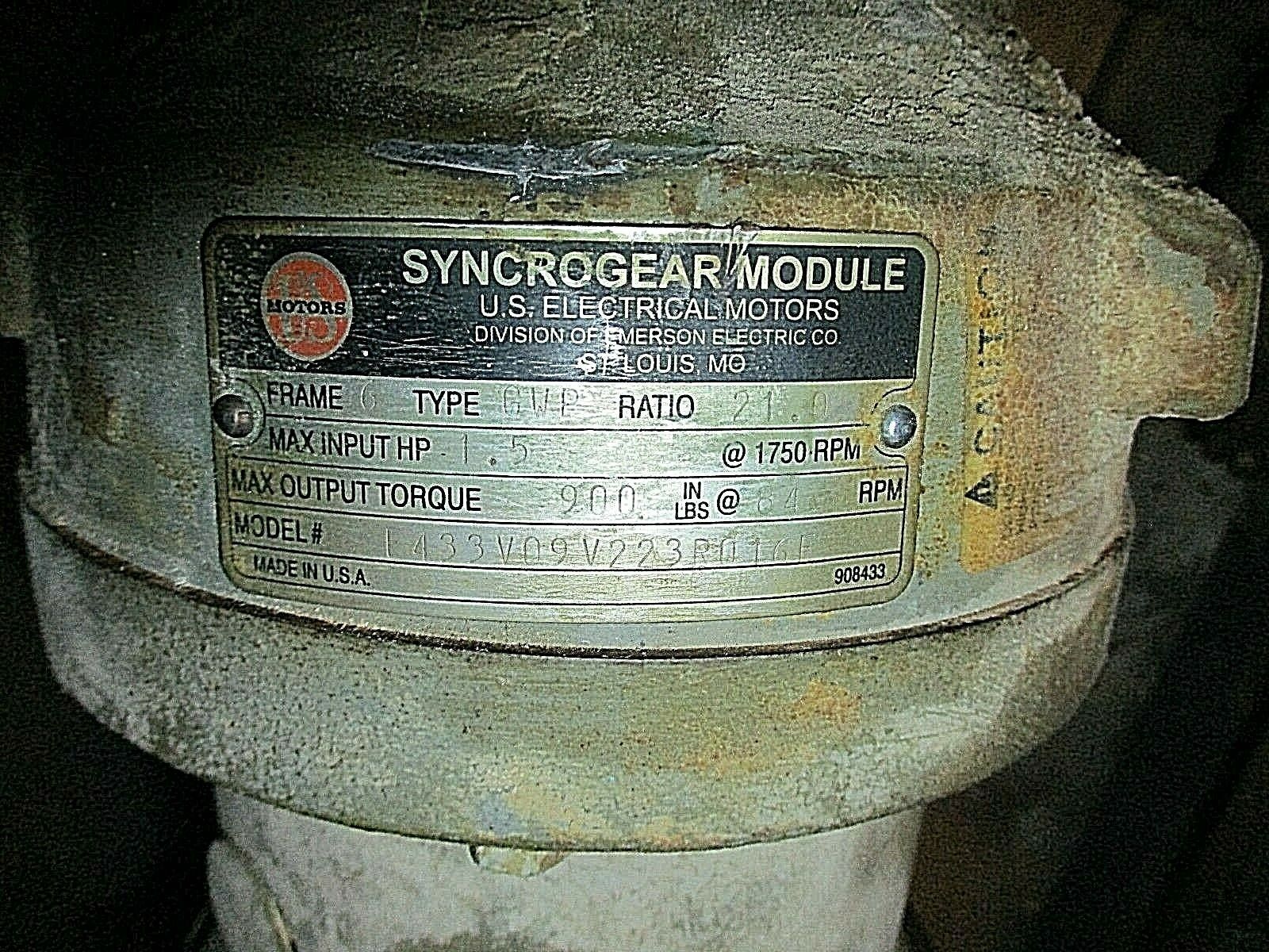 US Motors Syncrogear Module F433V09V223R016F Ratio: 21:1 1.5HP Input Used