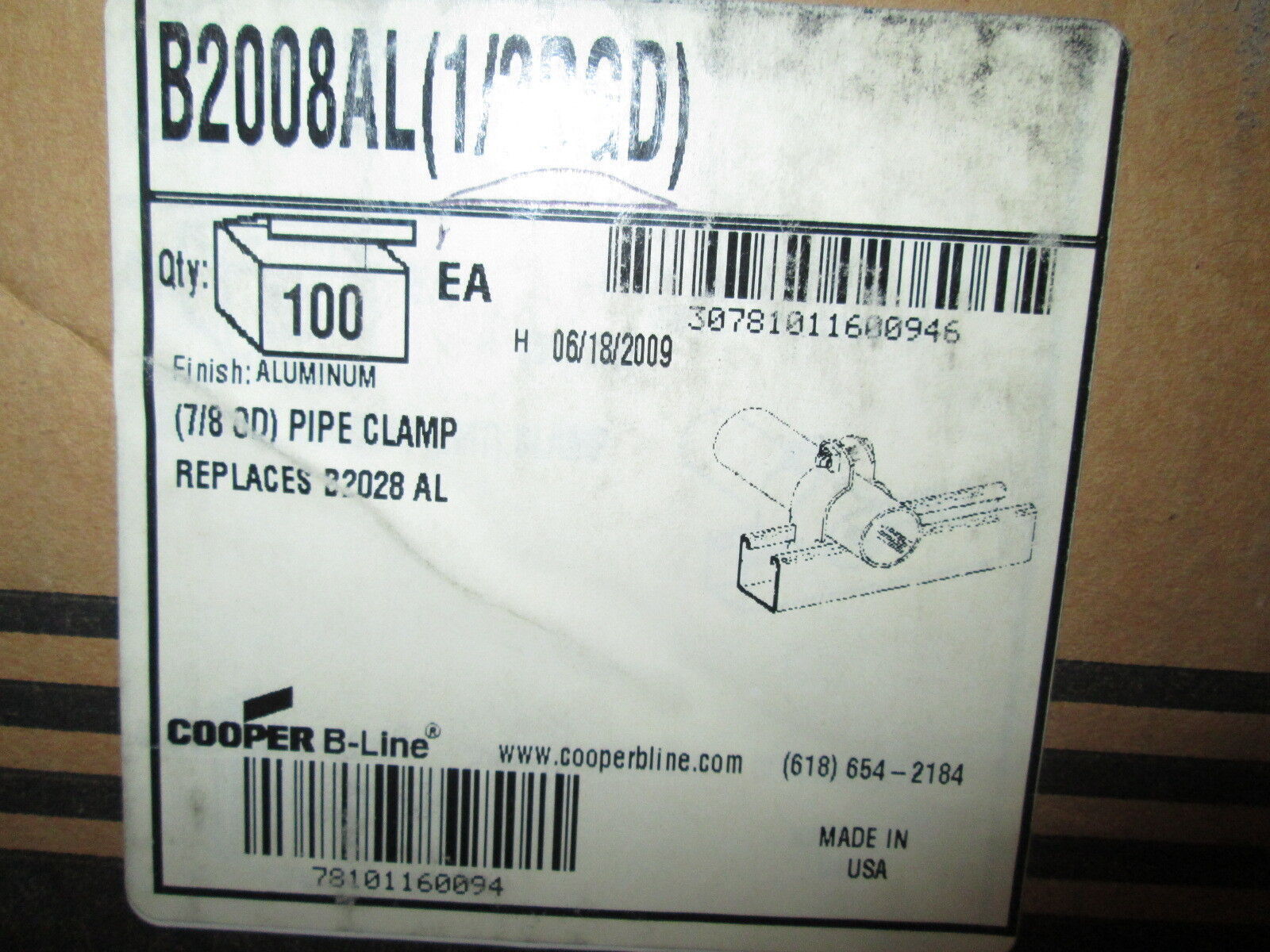 Cooper B-Line Pipe Clamp B2008AL Size: 1/2" "Box of 100" New Surplus