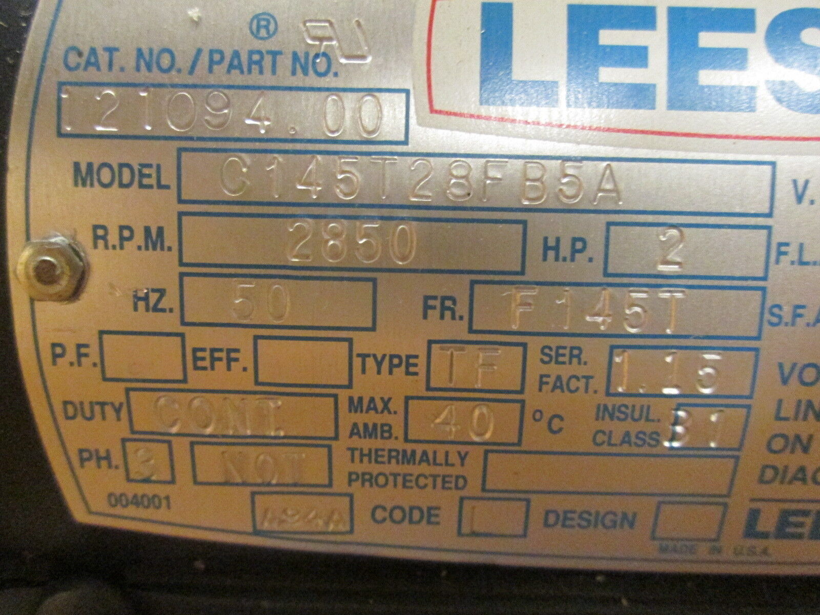 Leeson C145T28FB5A AC Motor 121094.00 2HP 2850RPM FR:F145T ENCL:TEFC New Surplus