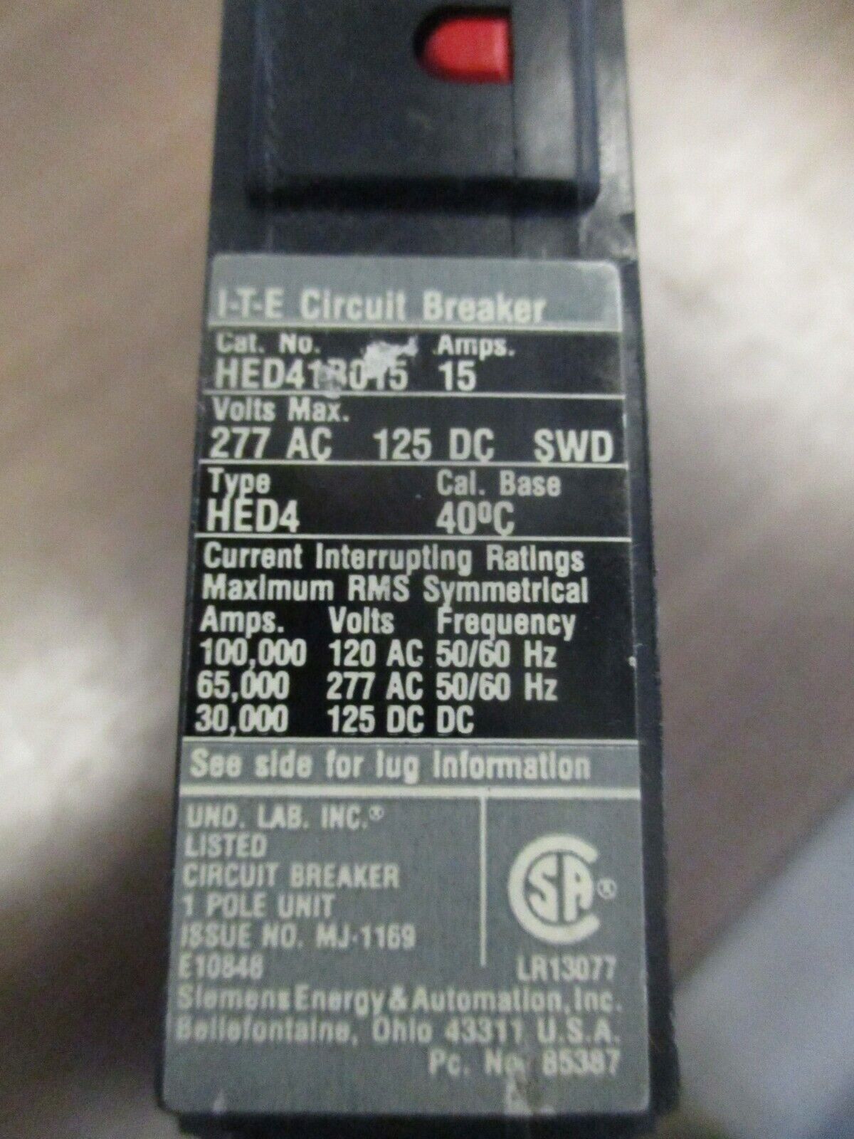 Siemens/ITE Circuit Breaker HED41B015 15A 277V 1P Used