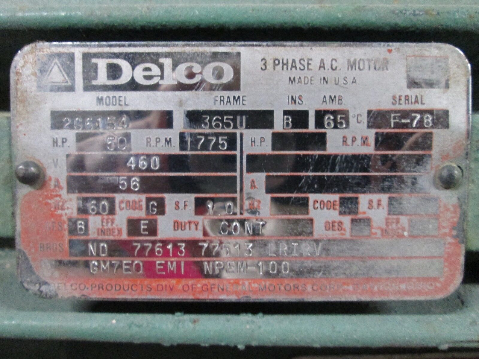 Delco AC Motor 2G6154 50HP 1775RPM 460V 56A 60Hz 3Ph 365U Frame Used