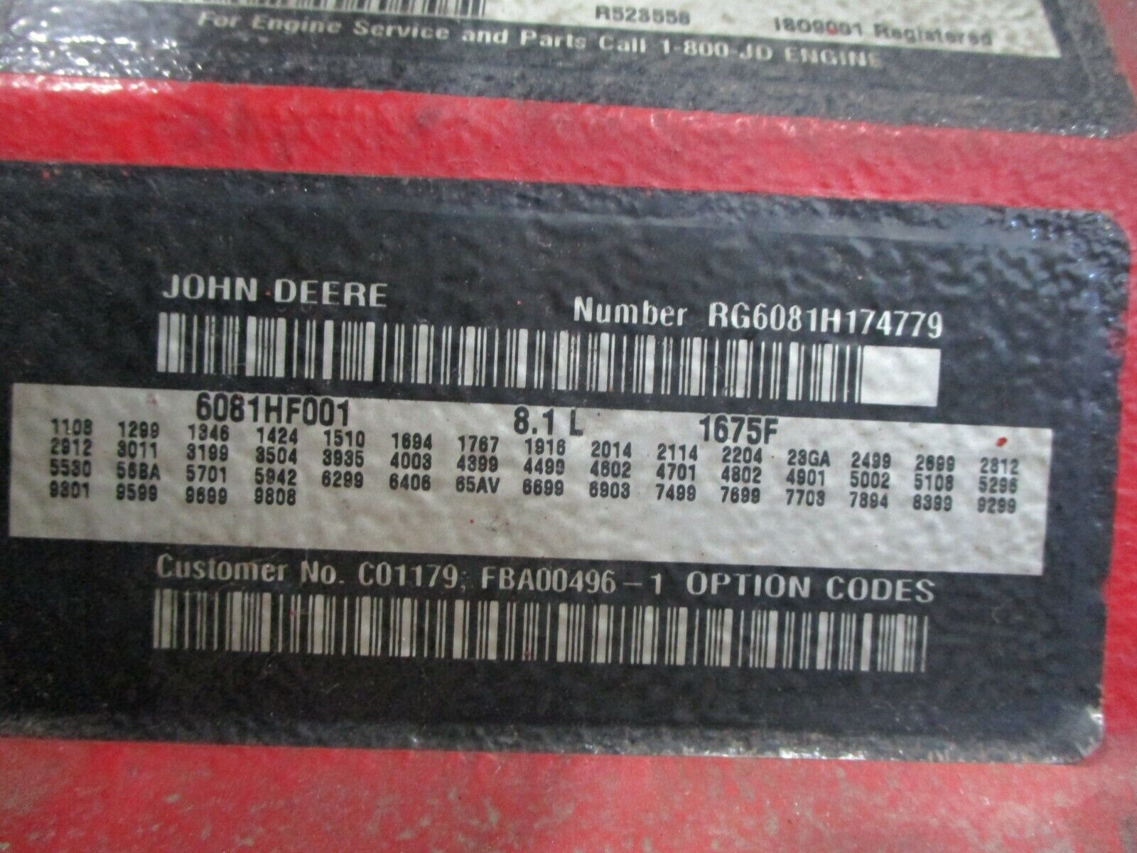 John Deere Diesel Motor w/ Pump 608HF001 8.1L 9415 Hours Used