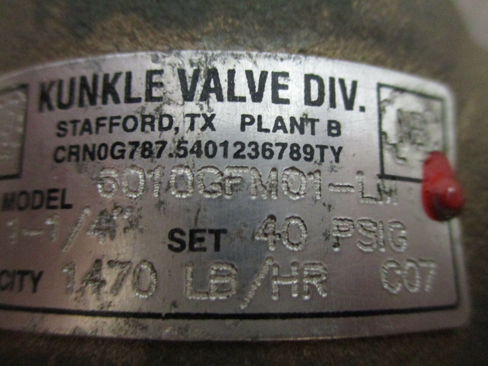 Kunkle Relief Valve 6010GFM01-LM Size: 1-1/4 Set: 40PSIG Capacity: 1470 lb/Hr