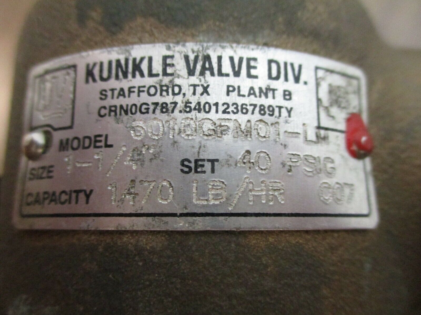 Kunkle Relief Valve 6010GFM01-LM Size: 1-1/4 Set: 40PSIG Capacity: 1470 lb/Hr