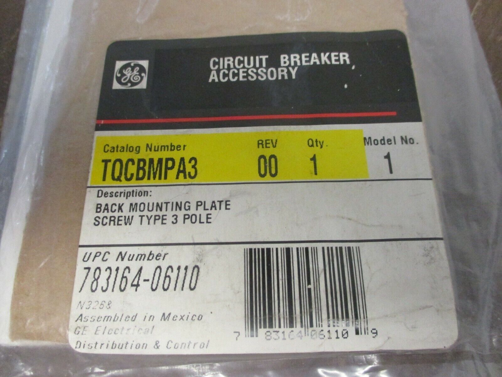GE Circuit Breaker Back Mounting Plate TQCBMPA3 Rev 00 Screw Type 3P New Surplus