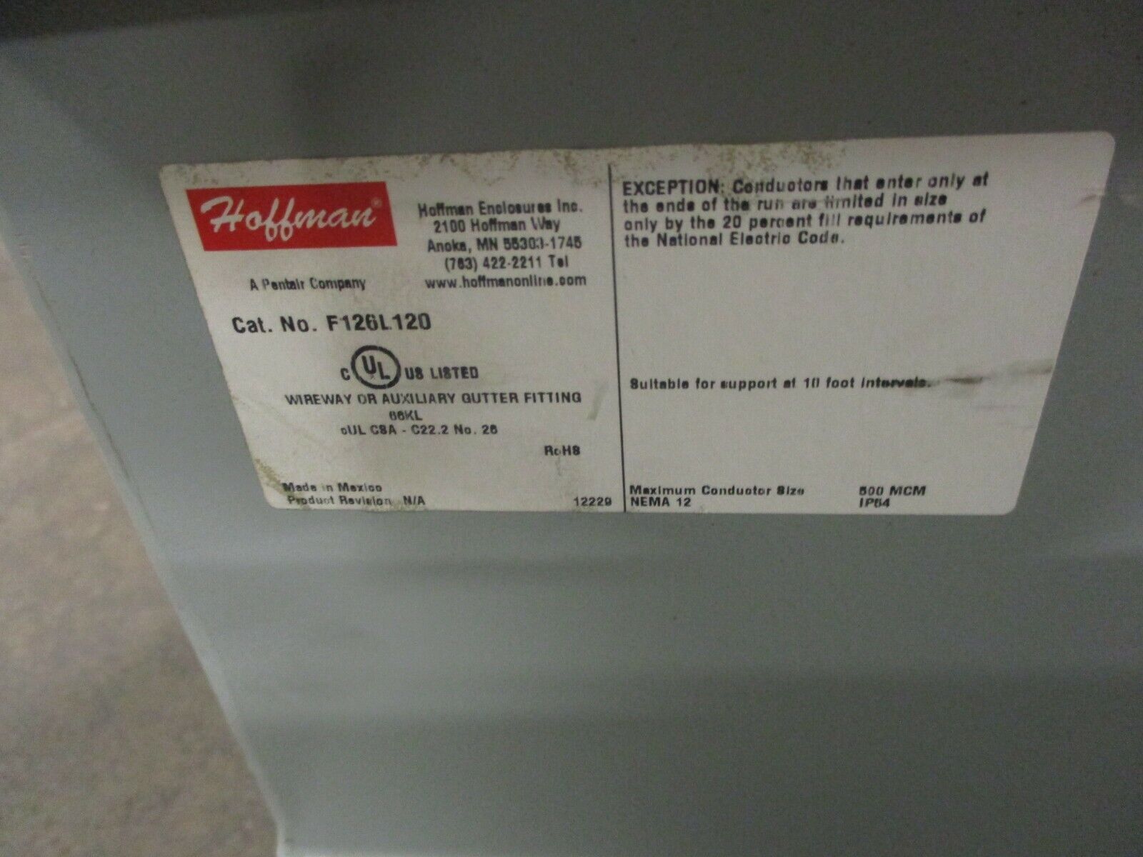 Hoffman Wireway Straight Section F126L120 Length: 120" Size: 12"x6" Used