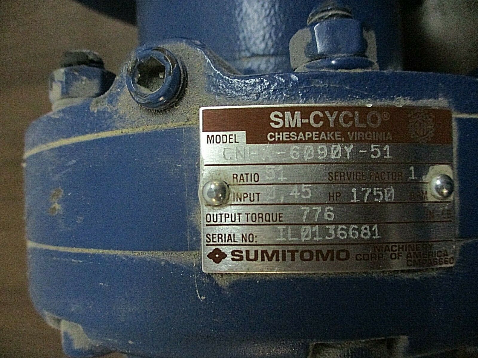 Sumitomo CNHX-6090Y-51 Gear Reducer PA061613 Ratio: 51 0.45HP In Used