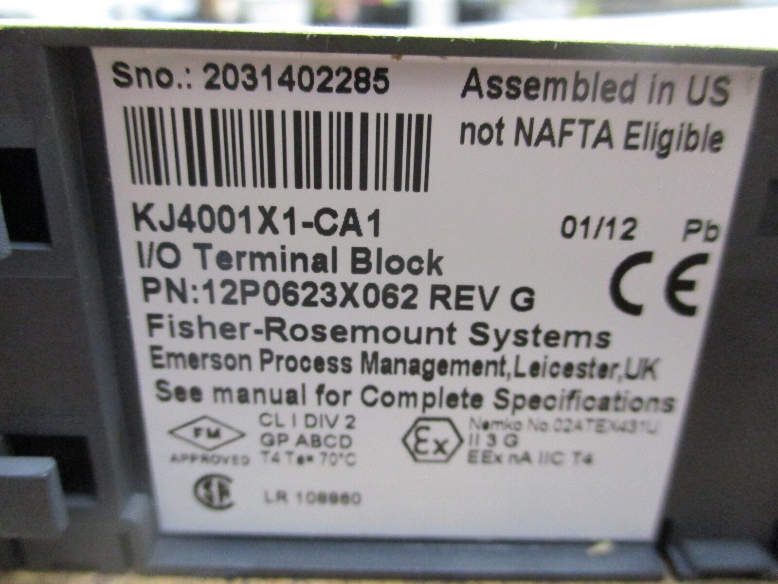 Emerson I/O Terminal Block 12P0623X062 Rev G Used
