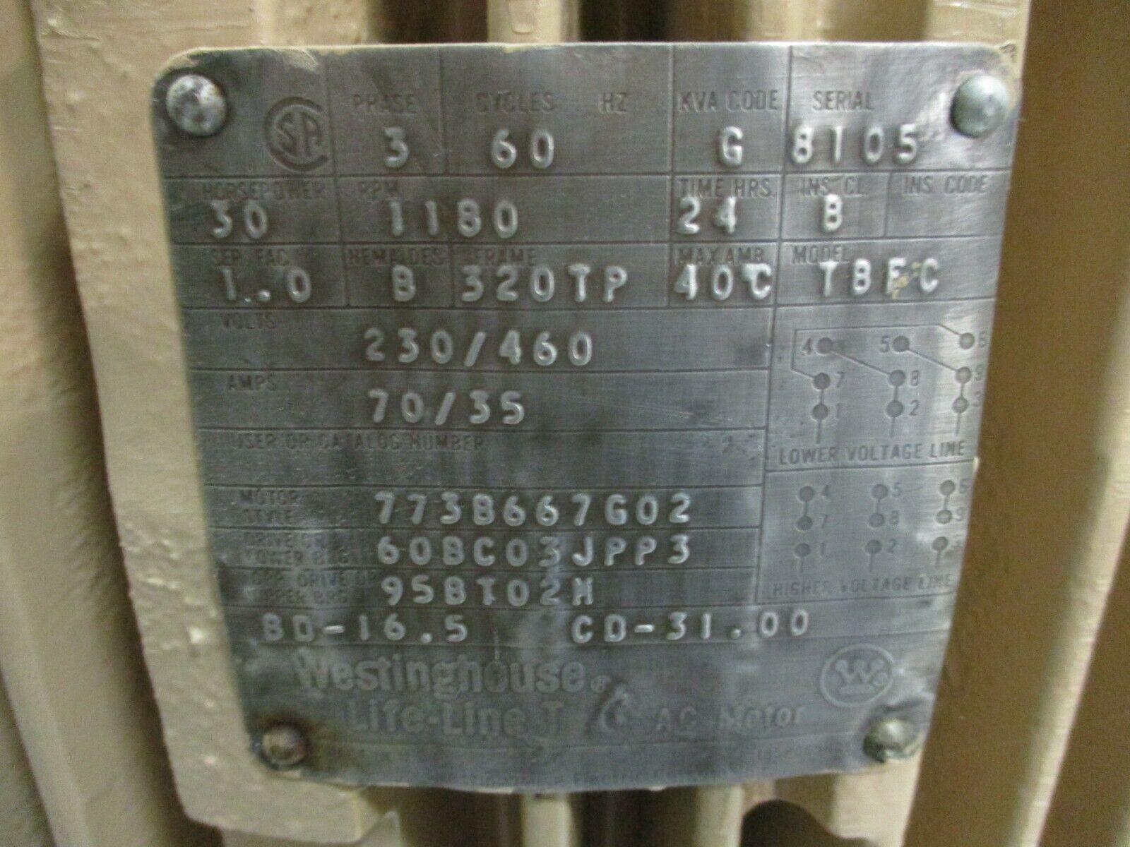 Westinghouse Life-Line T Vertical Mount AC Motor 773B667G02 30HP 1200RPM Used