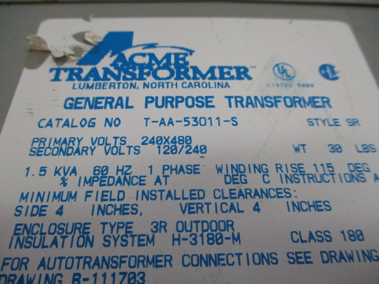 Acme Transformer 3R Transformer T-AA-53011-S 1.5kVA Pri: 240/480V Sec: 120/240V