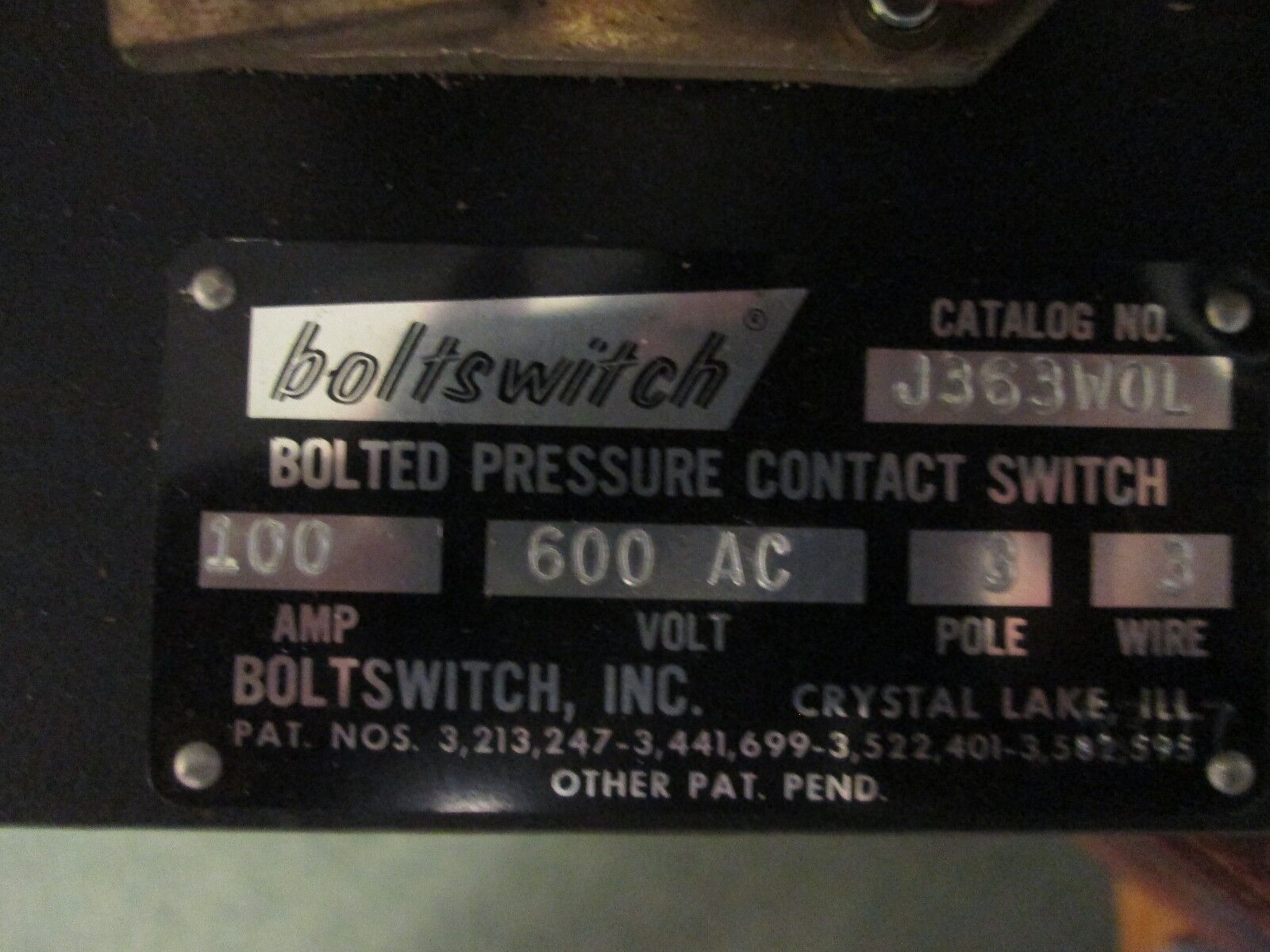 Boltswitch Bolted Pressure Contact Switch J363W0L 100A 600V 3P 3W Used