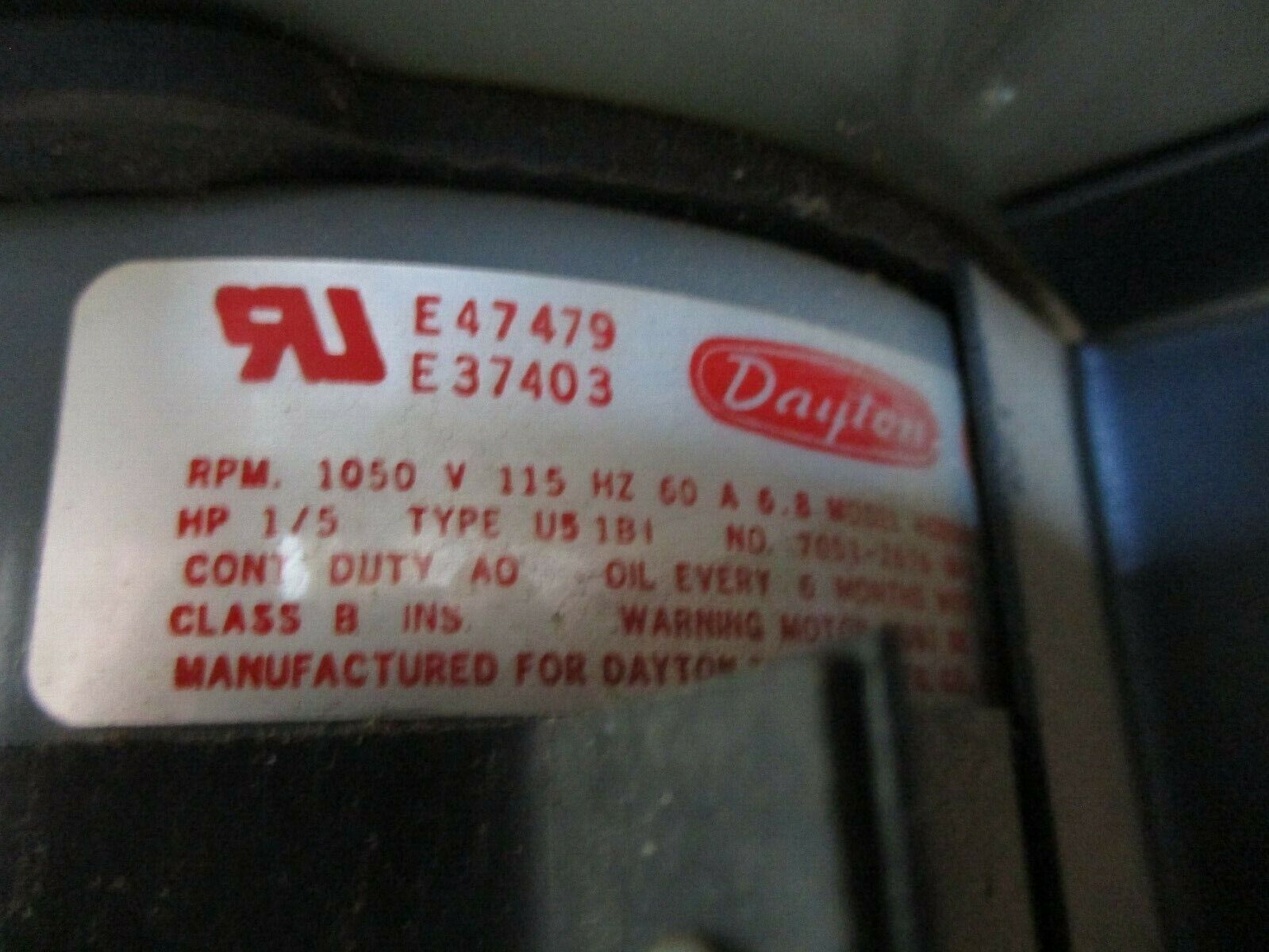 Dayton Blower E474749 / E37403 1/5HP 1050RPM 115V 60Hz 6.8A Used