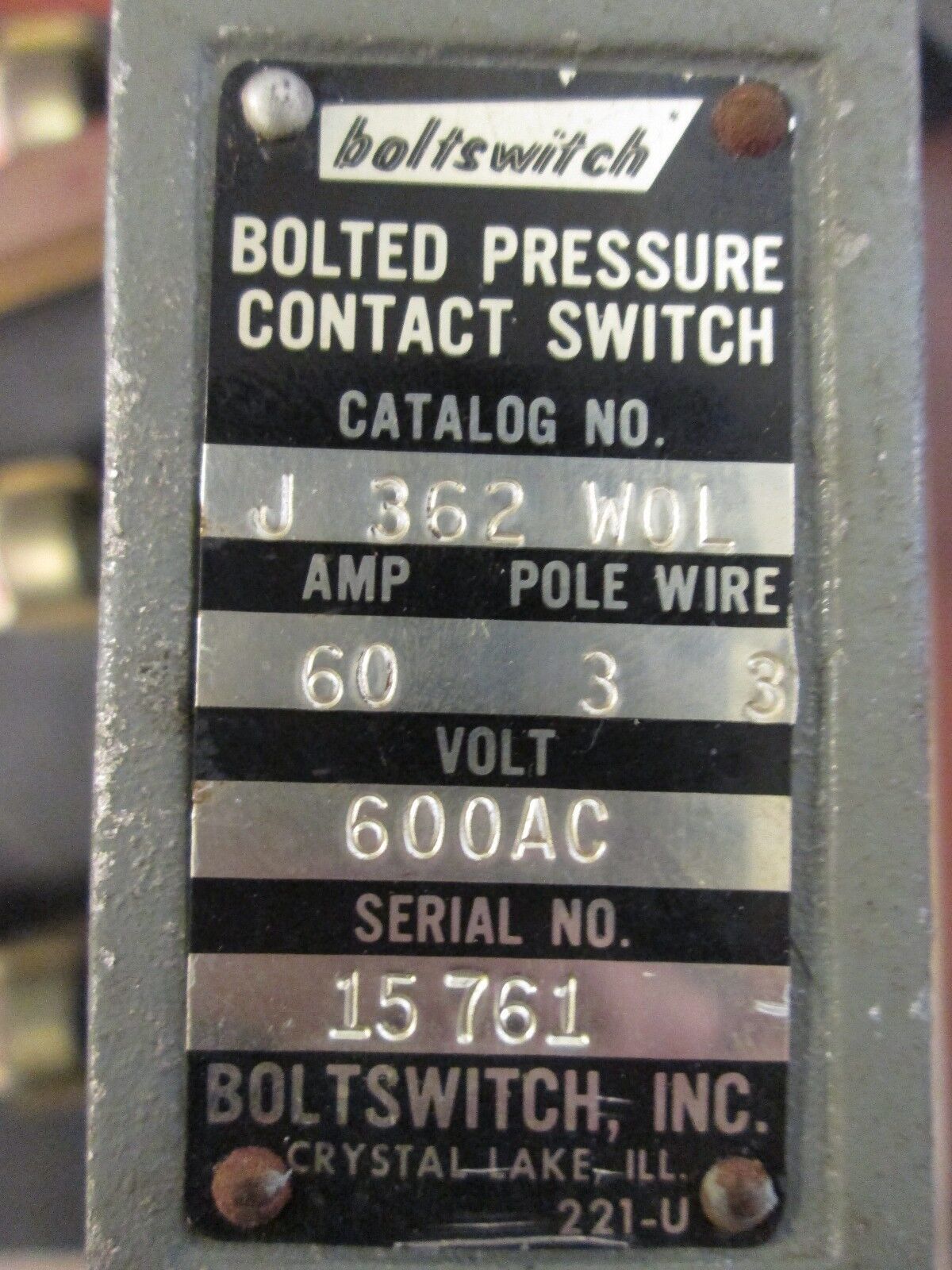Boltswitch Bolted Pressure Contact Switch J362W0L 60A 600V 3P 3W w/ 45A Fuses