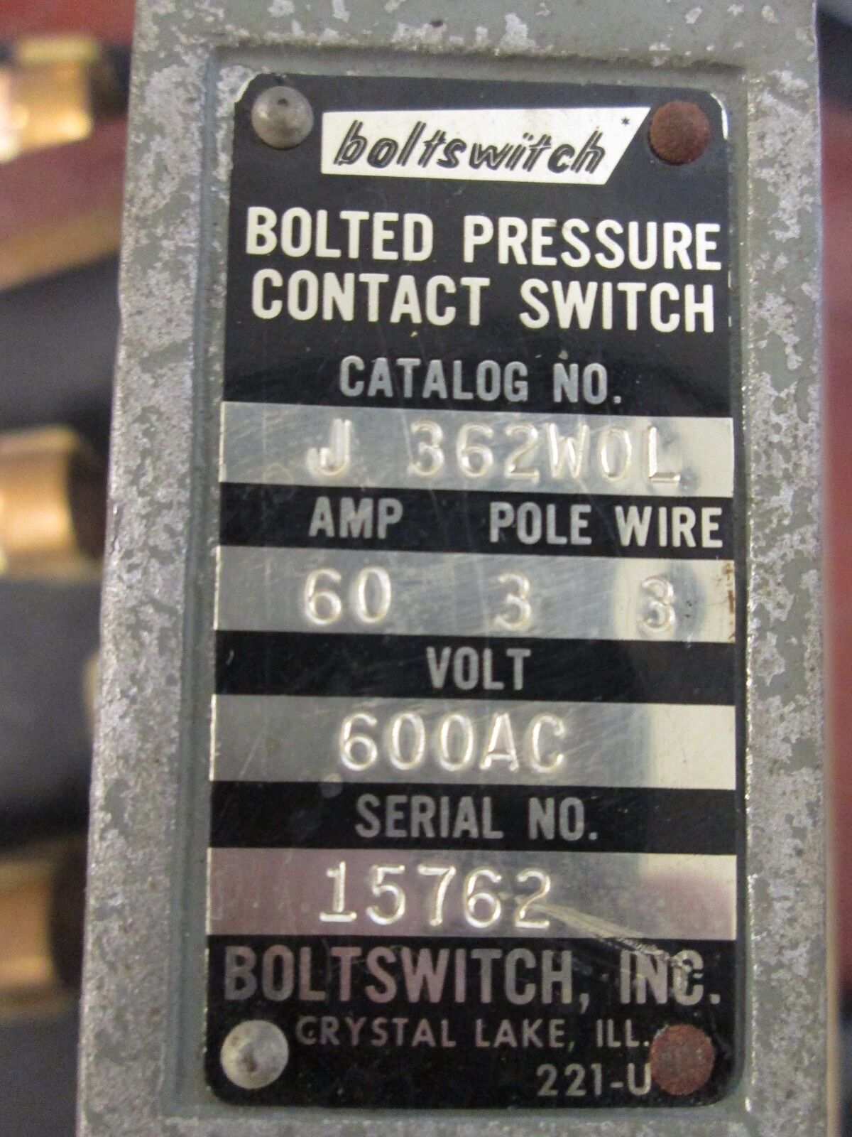 Boltswitch Bolted Pressure Contact Switch J362W0L 60A 600V 3P 3W w/ 60A Fuses