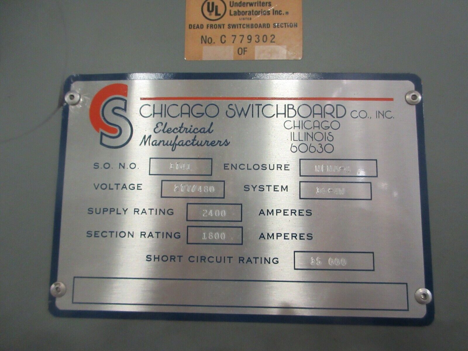 Chicago Switchboard Breaker Panel w/ Ground VL 3611-G6 2400A 277/480V 3P Used