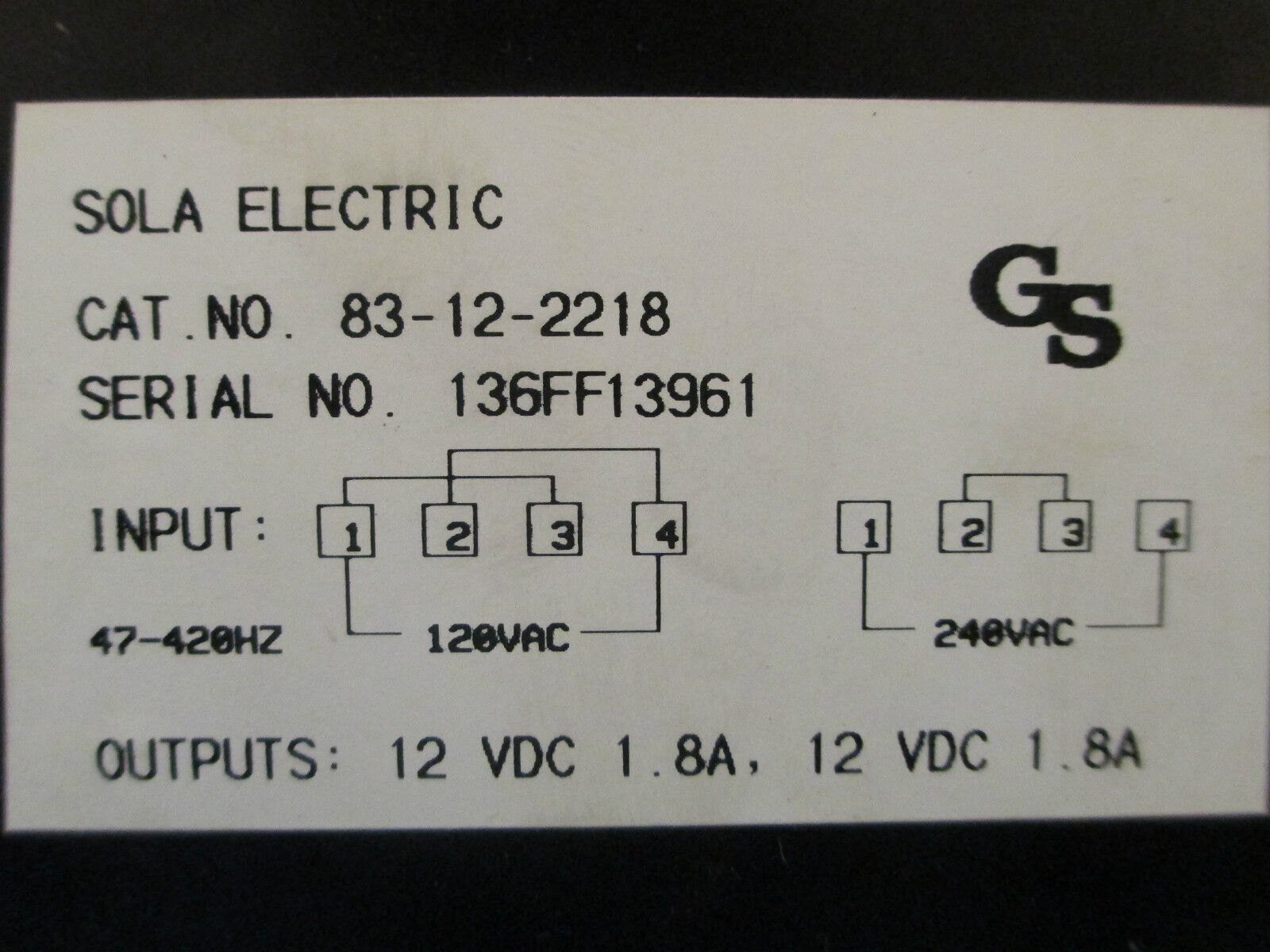 Sola Electric DC Power Supply, 83-12-2218, 120/240VAC-12VDC 1.8A, New in Box!!!