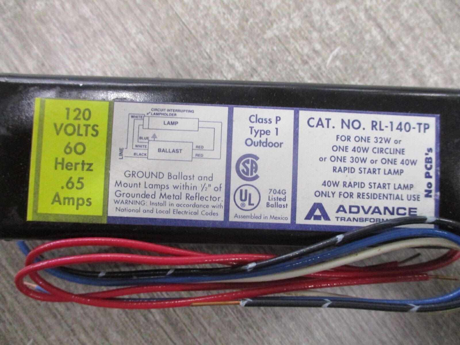 Advance Ballast RL-140-TP 5X788 120V 60Hz New Surplus