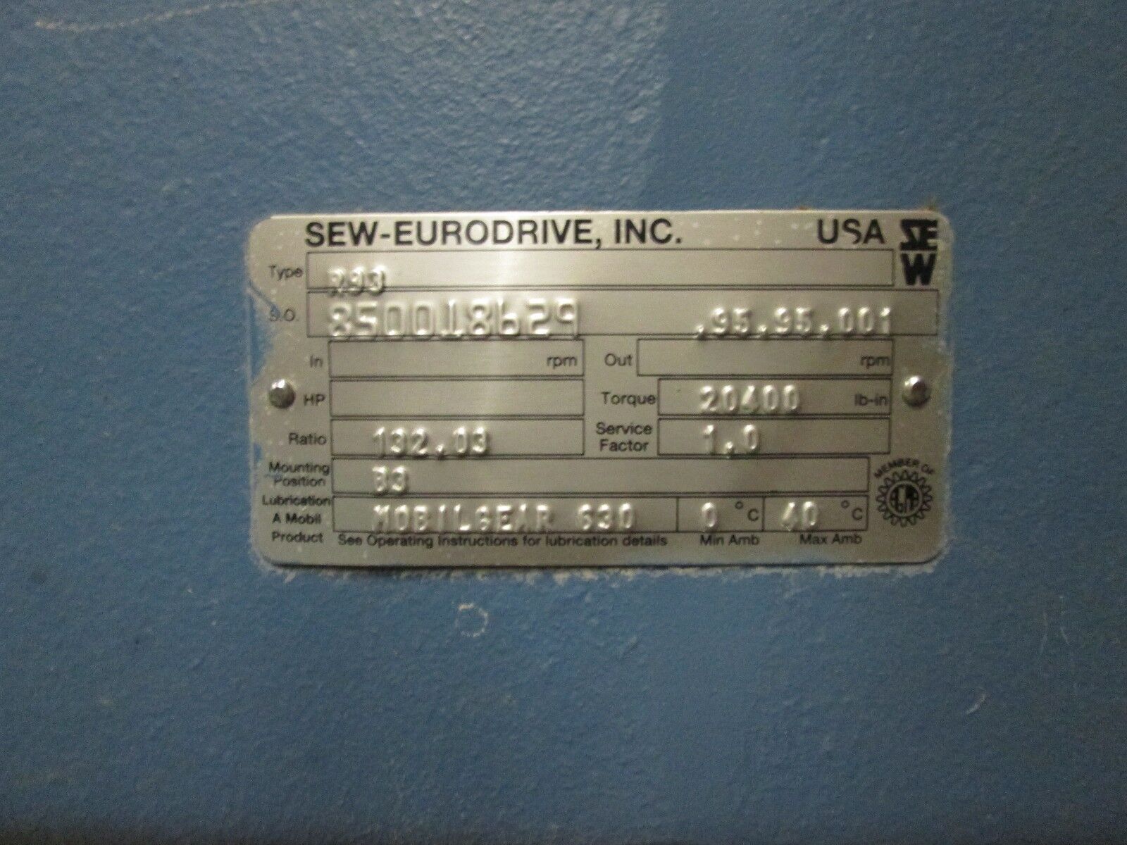Sew - Eurodrive Gear Box Type R93 132.03 Ratio Service Factor 1 Used