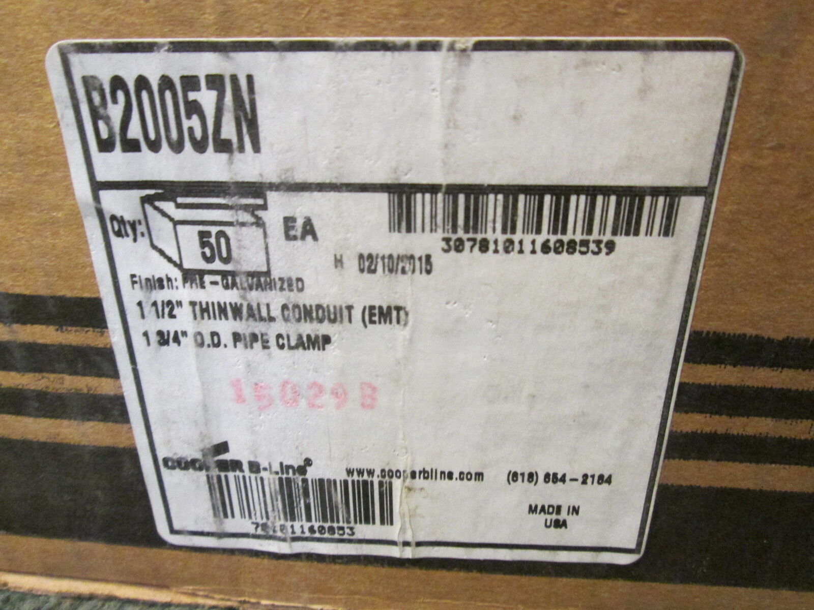 Cooper B-Line Pipe Clamp B2005ZN 1 1/2" Conduit 1 3/4" O.D. "Box of 25"