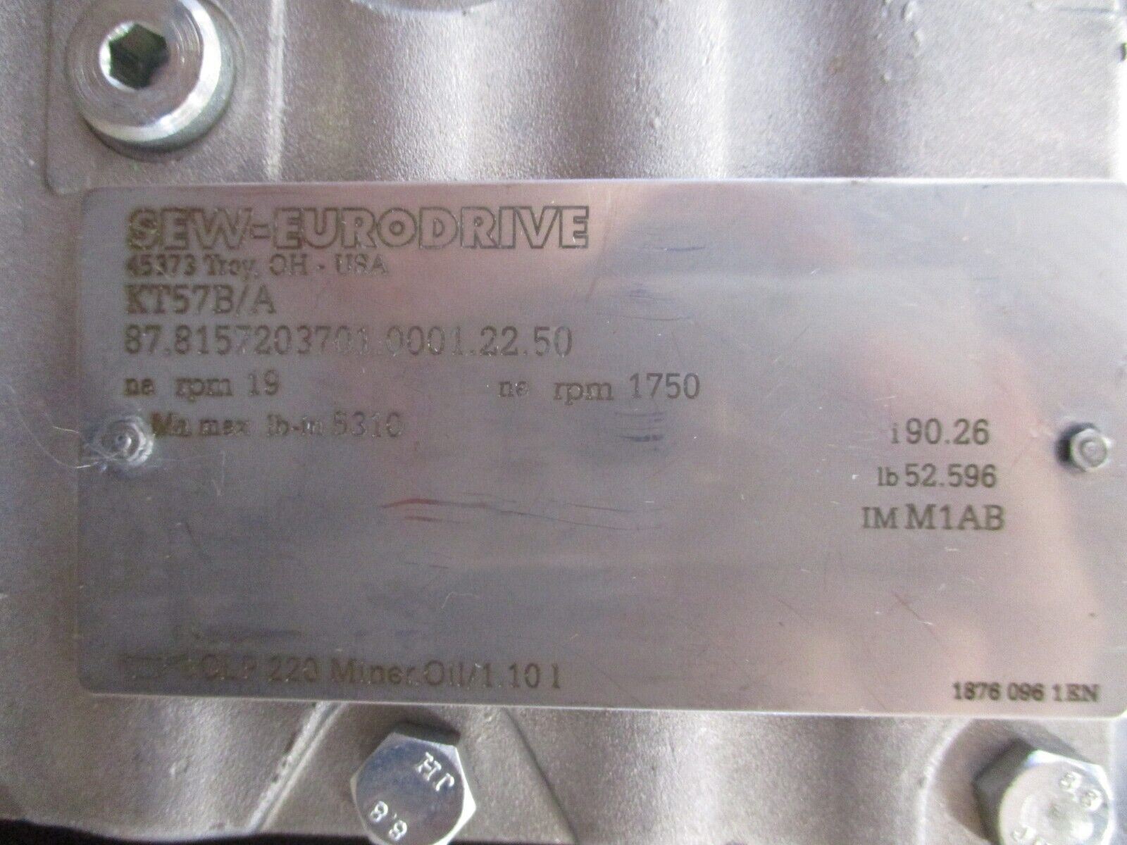 Sew-Eurodrive Helical-Bevel Gear KT57B/A Ratio 90.26 1750 RPM In, 19 RPM Out