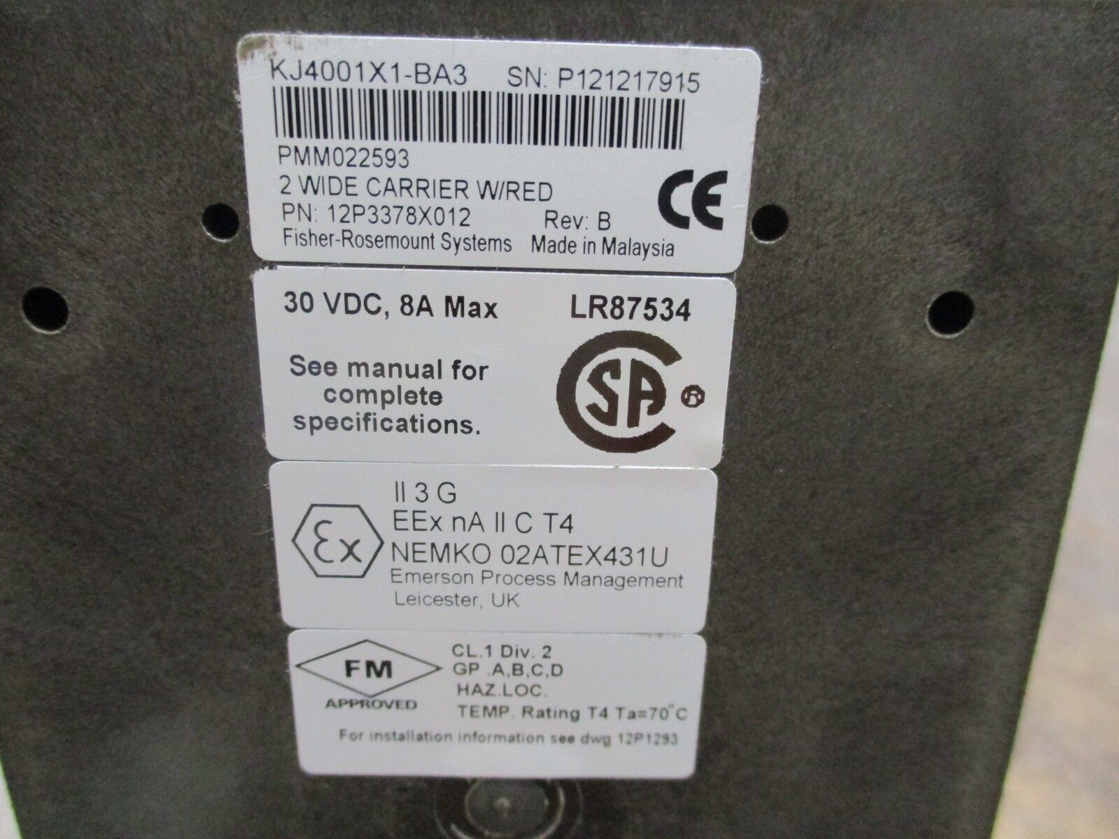 Emerson KJ4001X1-BA3 2-Wide Carrier 12P3378X012 30VDC 8A Rev. B Used