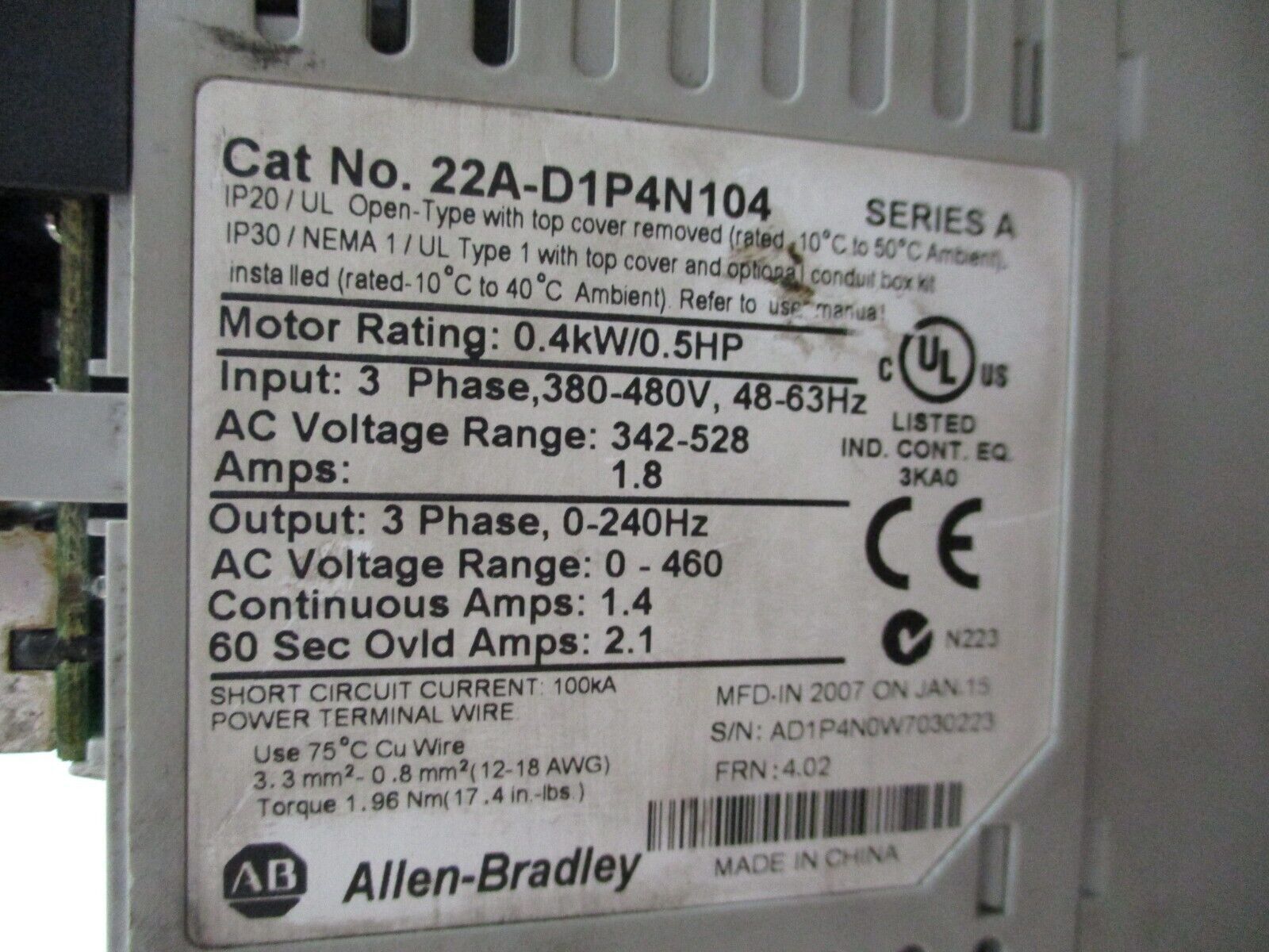 Allen-Bradley PowerFlex 4 AC Drive 22A-D1P4N104 0.5HP 3Ph *No Cover* Used
