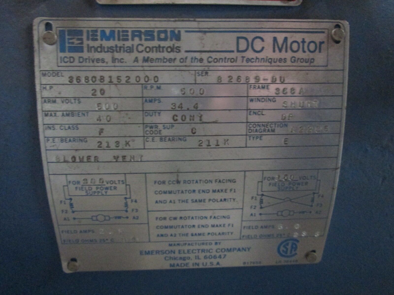 Emerson DC Motor w/ Blower & Brake 3680B152000 20HP 500VDC 300/150 UPC Field