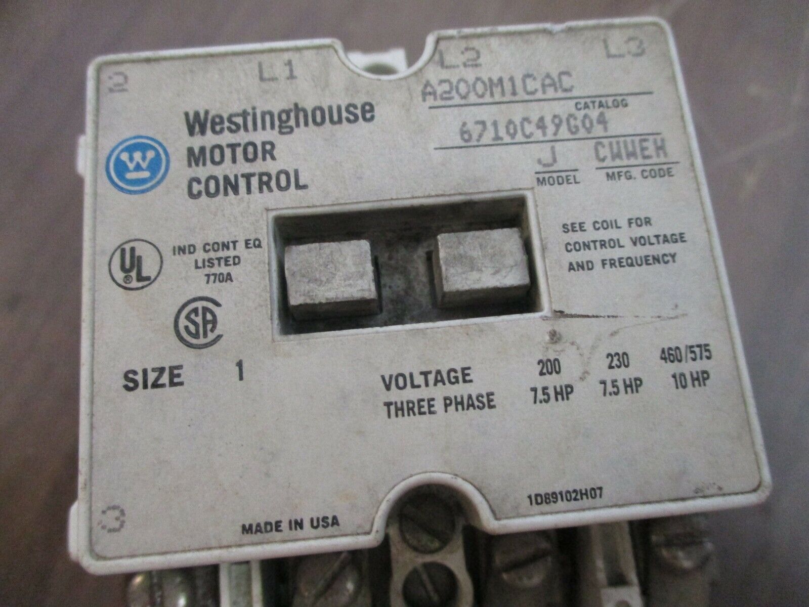 Westinghouse Size 1 Contactor A200M1CAC 120V Coil Used
