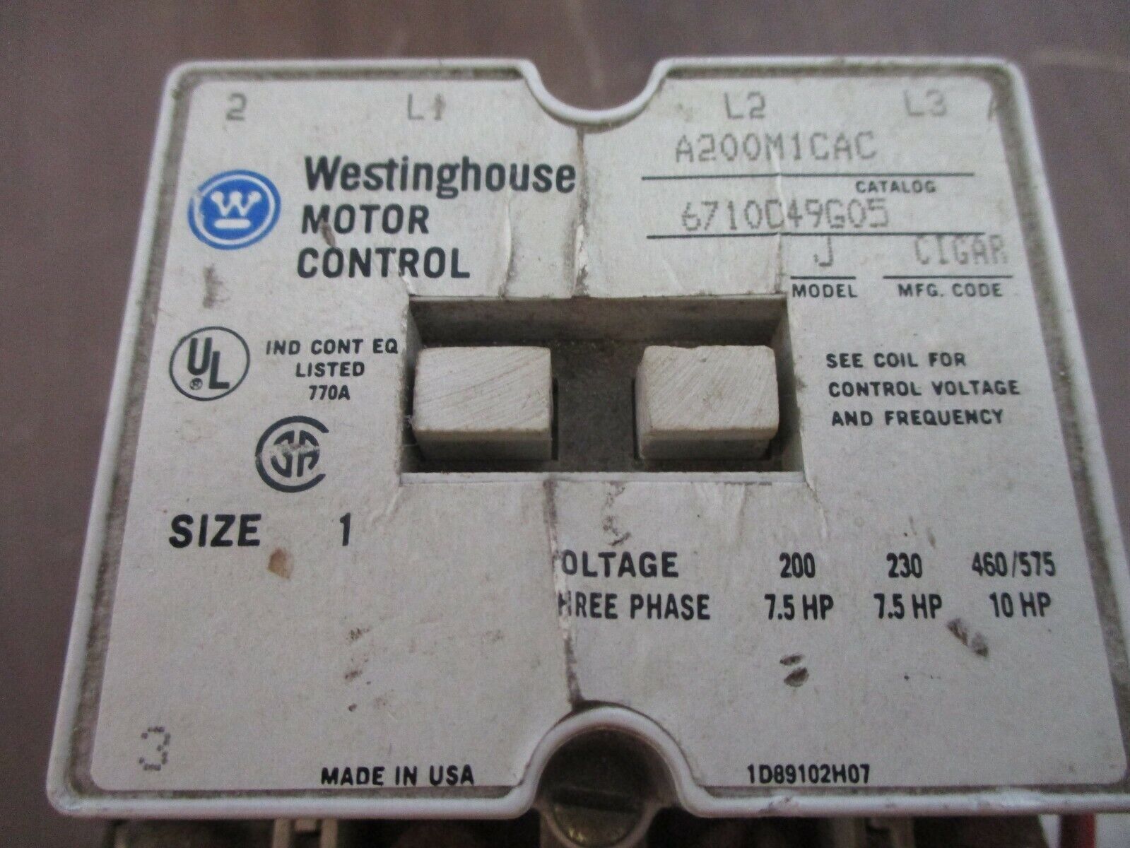 Westinghouse Size 1 Contactor A200M1CAC 120V Coil *Missing Terminal Screws* Used