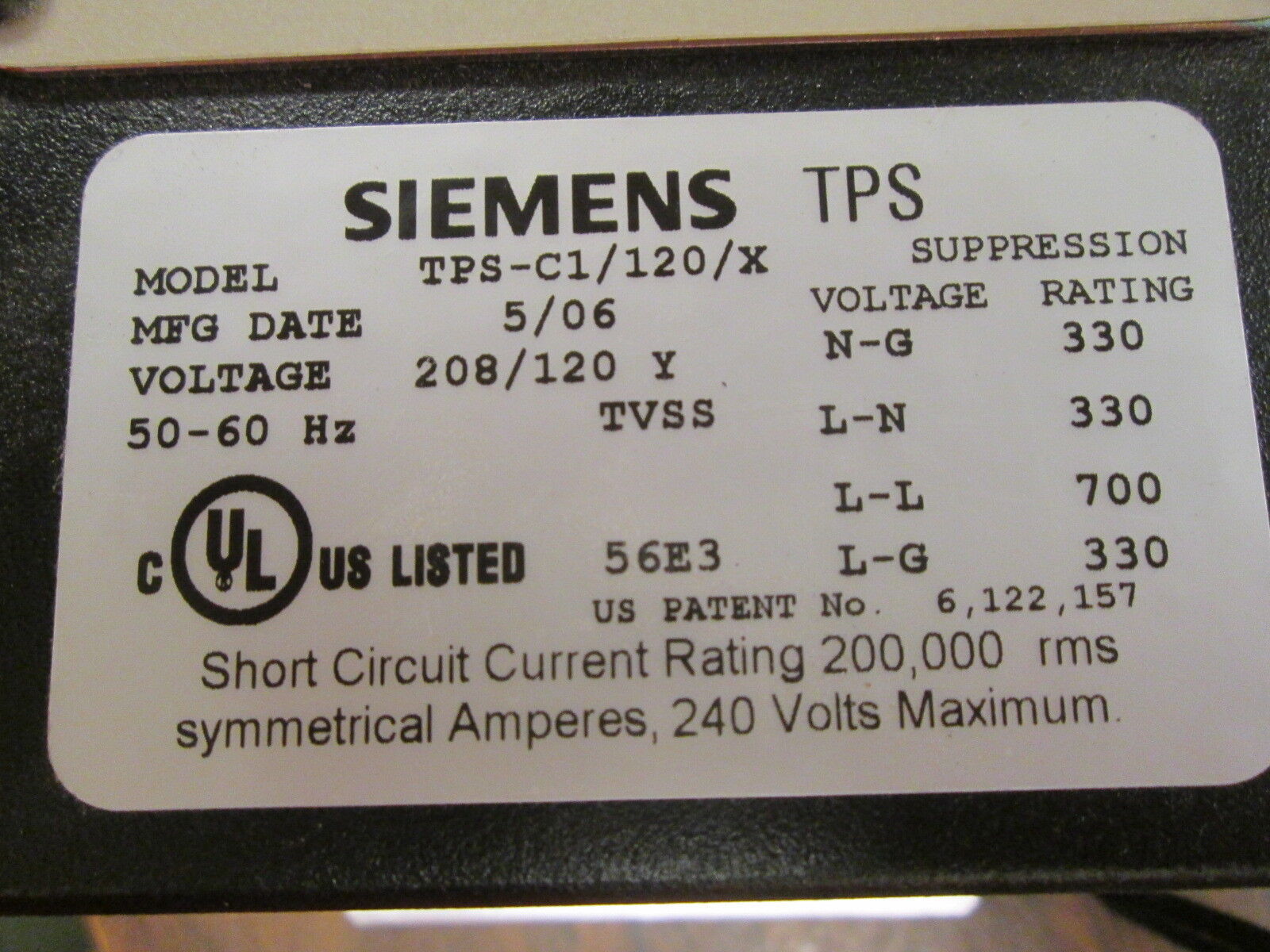 Siemens TPS Surge Suppression Module TPS-C1/120/X 208/120Y 50/60Hz Used