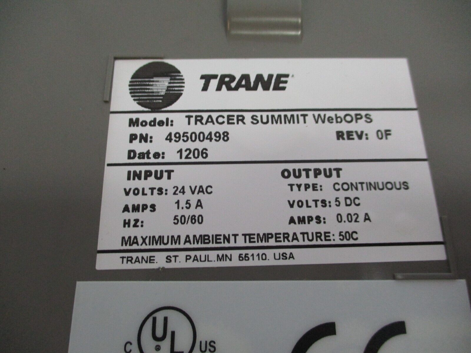 Trane Tracer Summit WebOPS 49500498 Rev. 0F Input: 24VAC Output: 5VDC Used