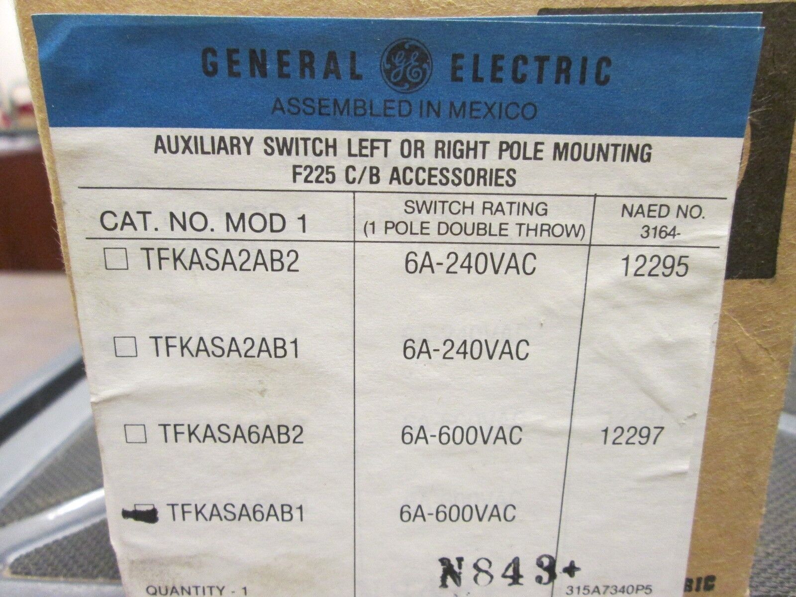 GE Aux Switch TFKASA6AB1 6A 600VAC New Surplus