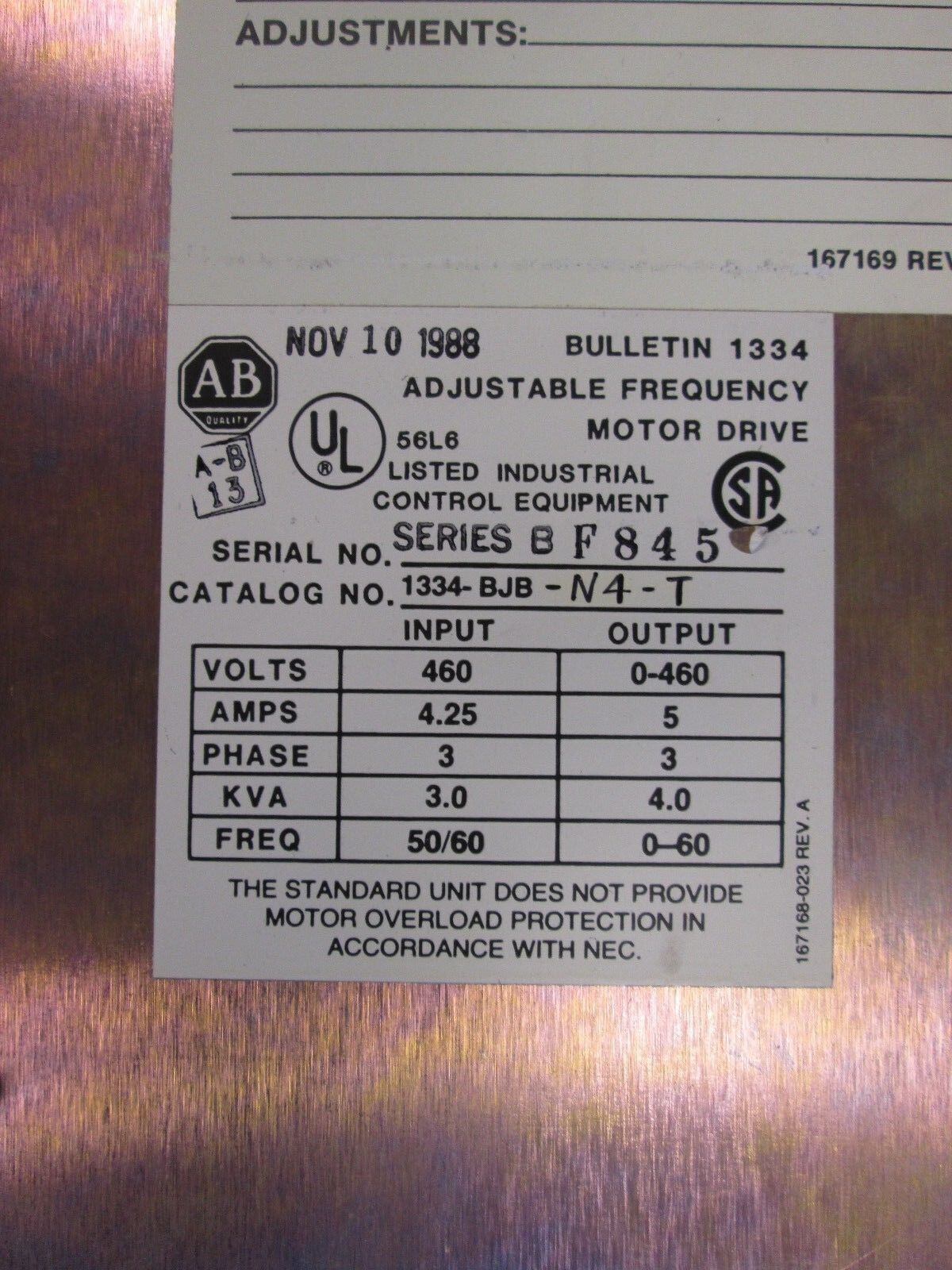 Allen-Bradley 1334 AC Drive 1334-BJB-N4-T 3Hp Used