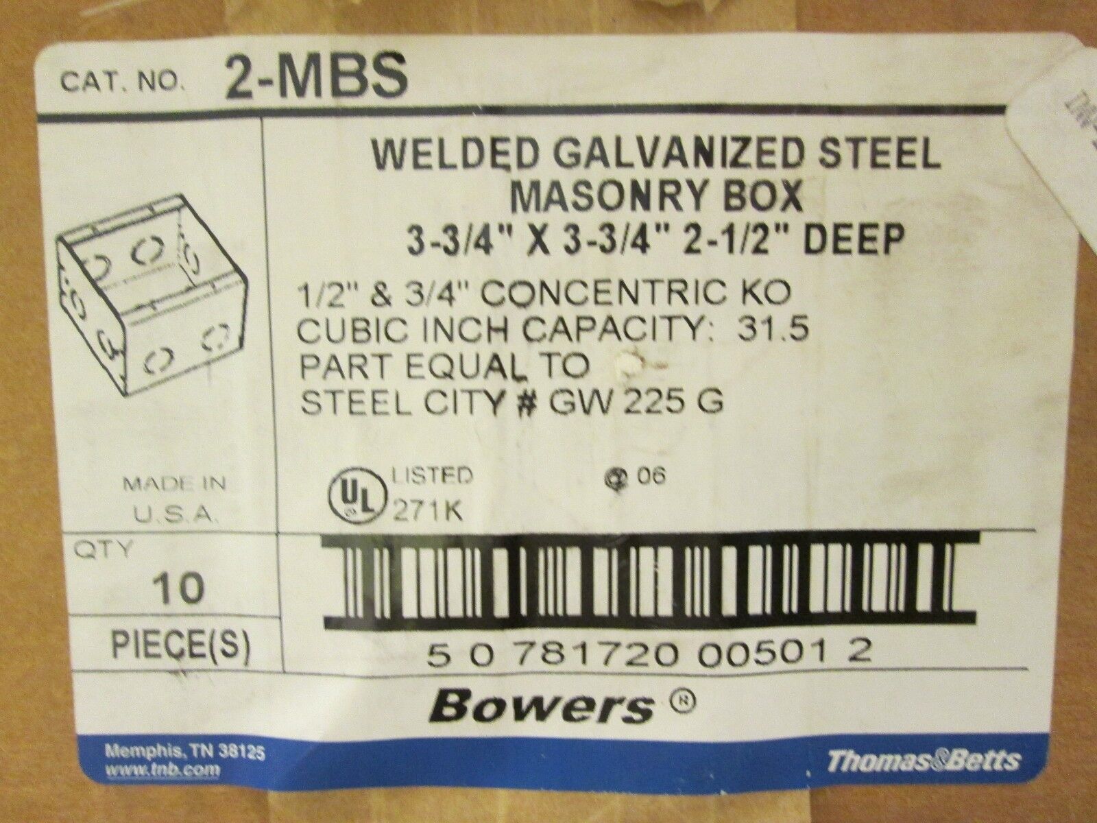 Thomas & Betts Masonary Box 2-MBS Size 3-3/4" square 2-1/2" deep box of 10