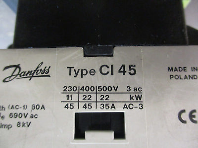 Danfoss Contactor CI 45 110-120V Coil 80A 600V w/ (2) Aux Contact Used