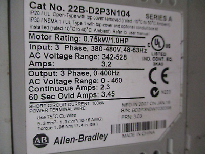 Allen-Bradley PowerFlex 40 AC Drive 22B-D2P3N104 1HP 3Ph Out: 0-460V 2.3A Used