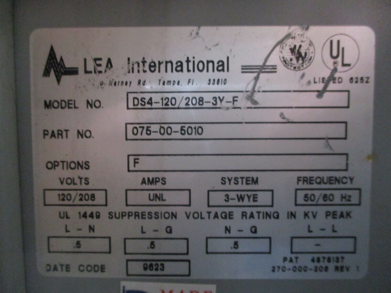 Lea International Surge Suppressor 075-00-5010 120/208V 50/60Hz 3-WYE Used