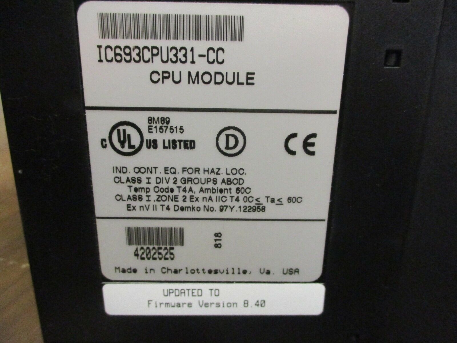 GE Fanuc CPU 331 Module IC693CPU331-CC F/W Ver.: 8.40 *Missing Display* Used