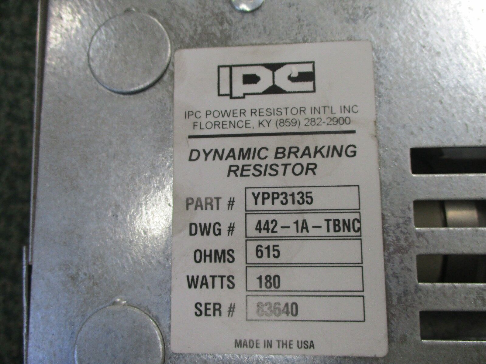 IPC Dynamic Braking Resistor YPP3135 615ohms 180w Used