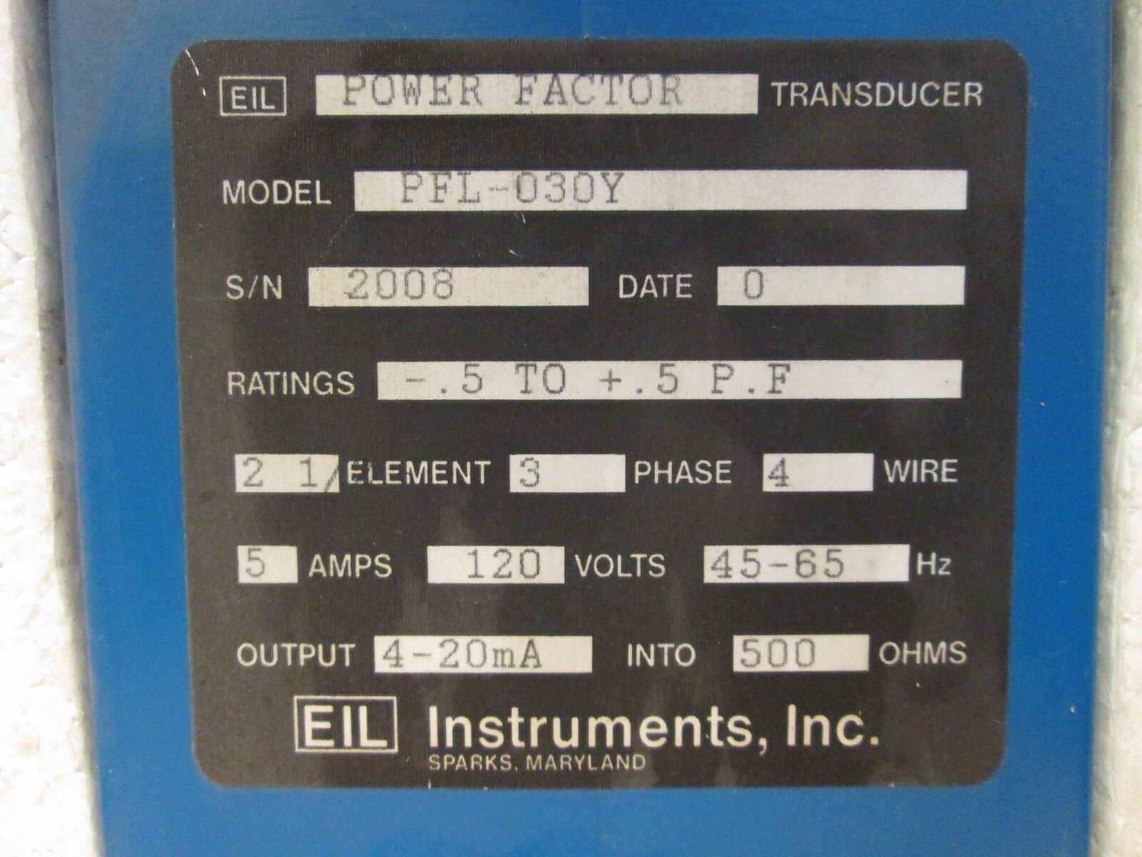 EIL Power Factor Transducer PFL-030Y Ratings: -.5 to +.5 PF 5A 120V 3Ph 4W