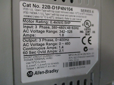 Allen-Bradley PowerFlex 40 AC Drive 22B-D1P4N104 0.5HP 3Ph Used