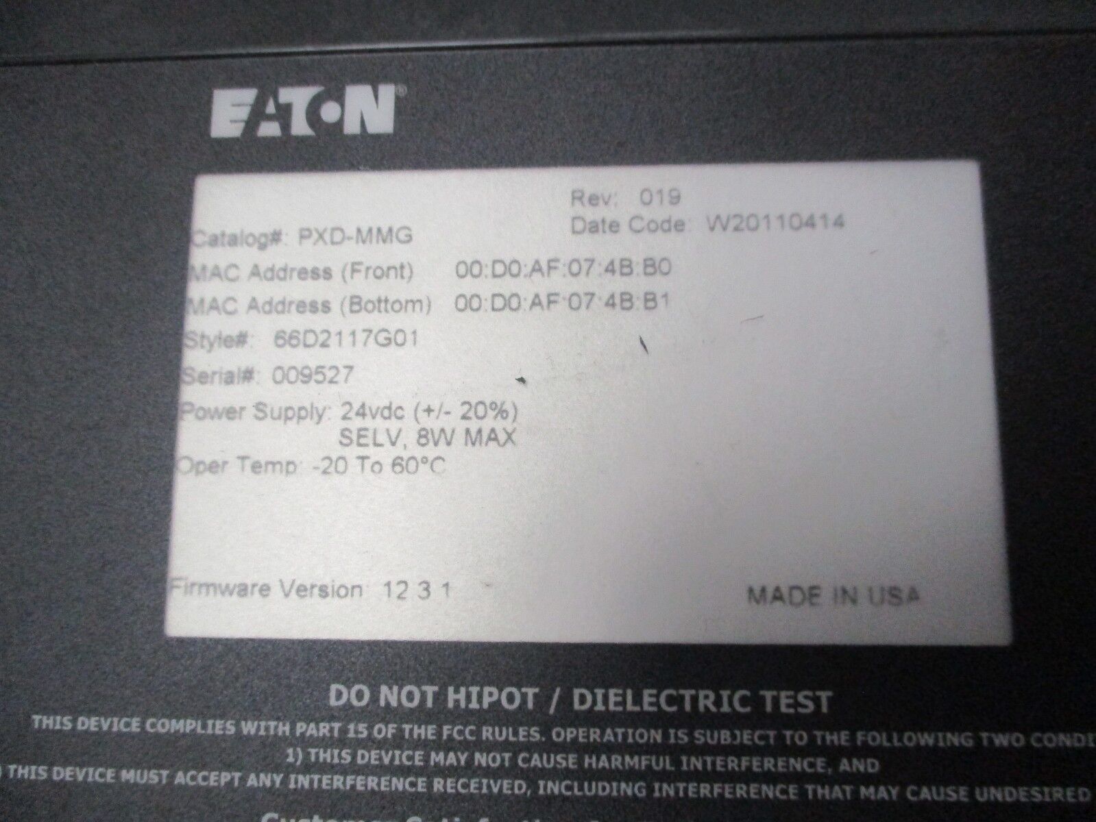 Eaton Power Xpert Meter PXD-MMG Rev. 019 F/W Ver.: 12.3.1 24VDC 8W Used