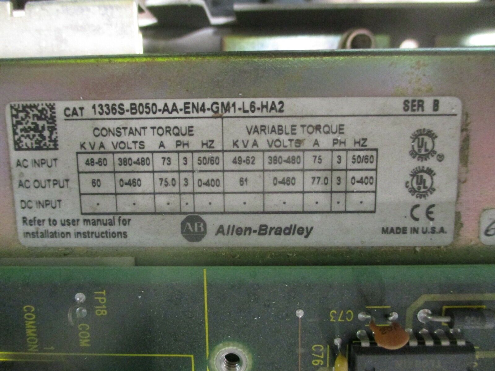 Allen-Bradley 1336 Plus AC Drive 1336S-B050-AA-EN4-GM1-L6-HA2 50HP 3Ph Used