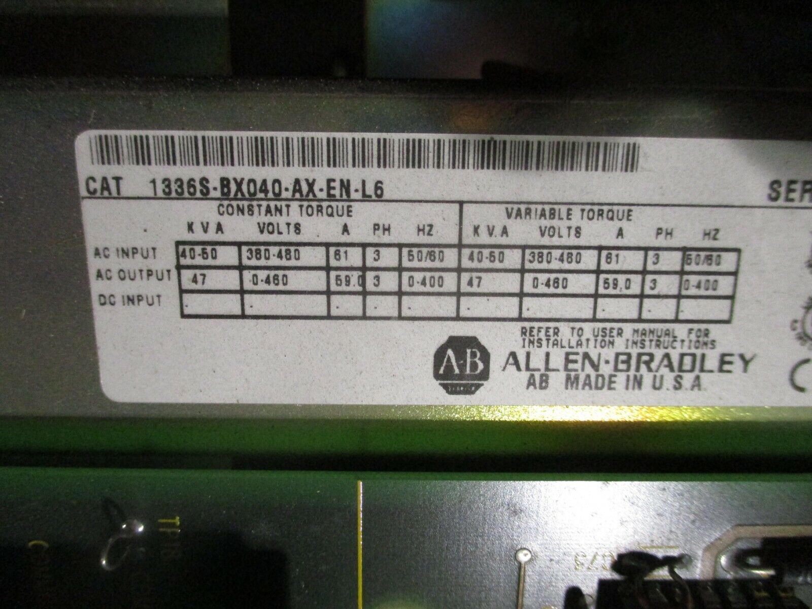 Allen-Bradley 1336 Plus AC Drive 1336S-BX040-AX-EN-L6 Ser. B 40HP 3Ph Used