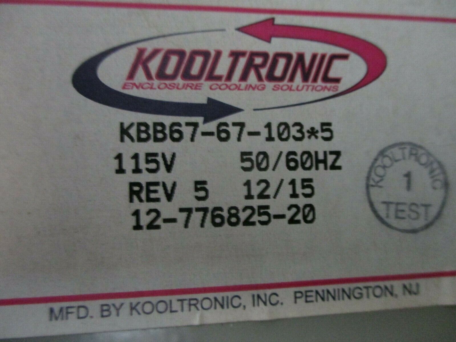 Kooltronic Dual Blower KBB67-67-103*5 Rev. 5 115V 50/60Hz *Dented* Used