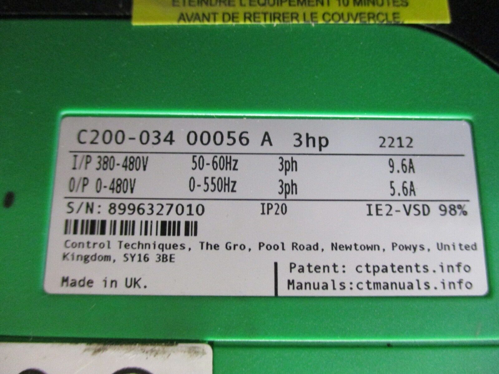 Control Techniques Commander AC Drive C200-034 00056 A 3HP 3Ph Used