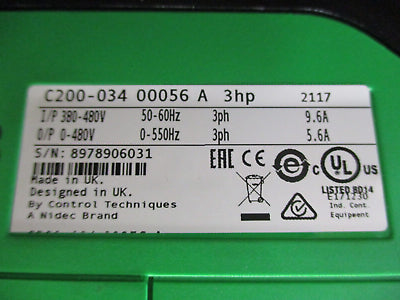 Control Techniques Commander AC Drive C200-034 00056 A 3HP 3Ph Used