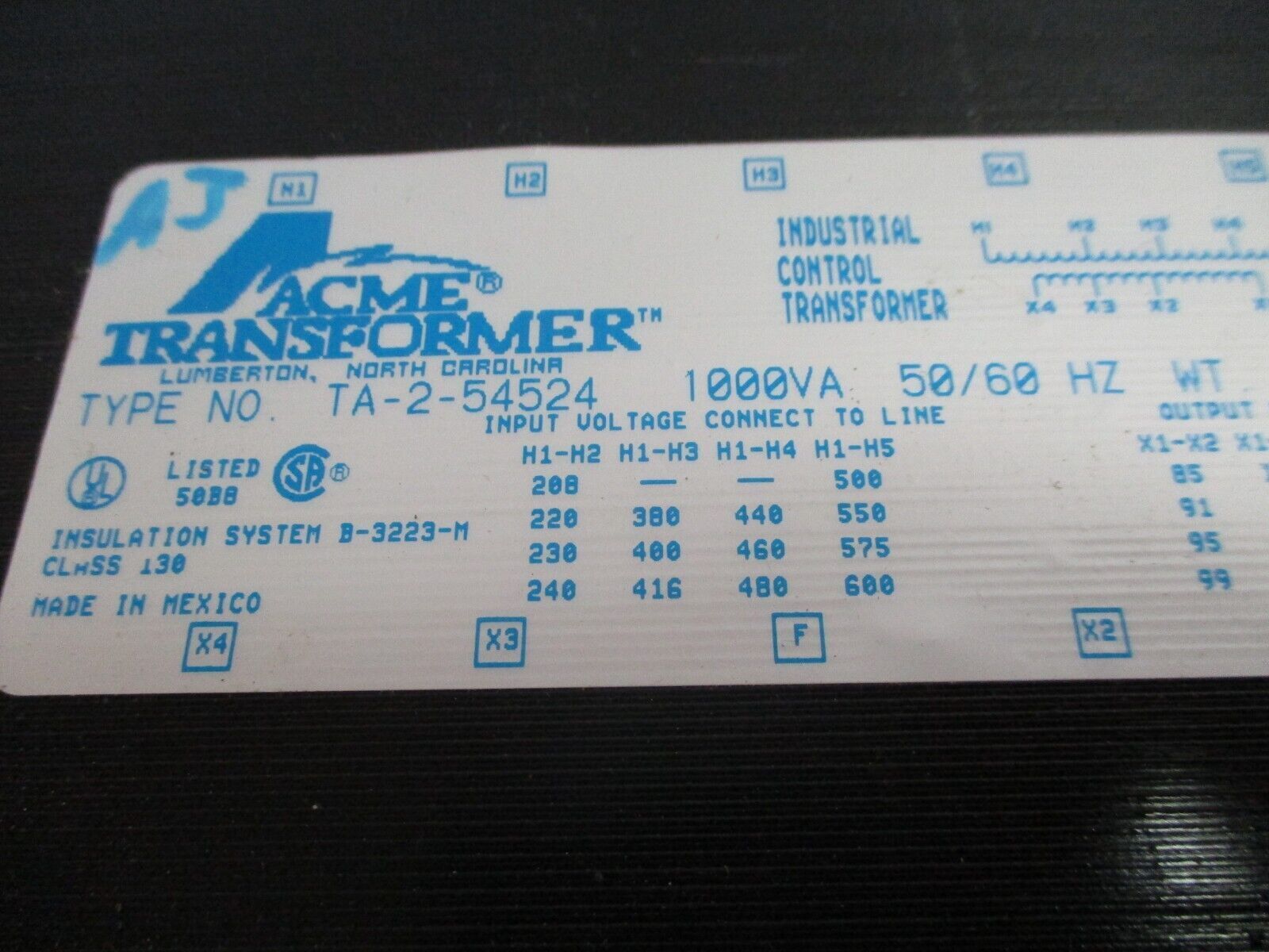 Acme Transformer Control Transformer TA-2-54524 1000VA Pri: 240/480/600V 50/60Hz