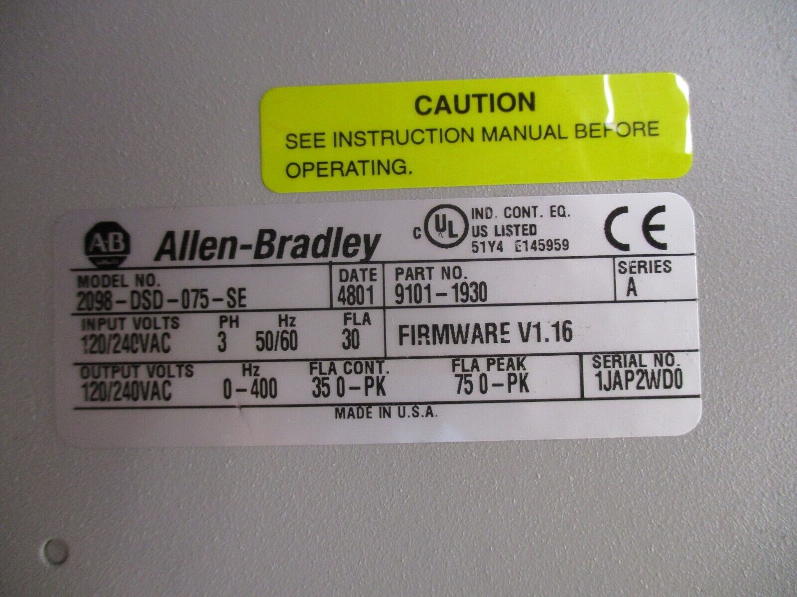Allen-Bradley Ultra 3000 Servo Drive 9101-1930 Model #: 2098-DSD-075-SE Ser. A