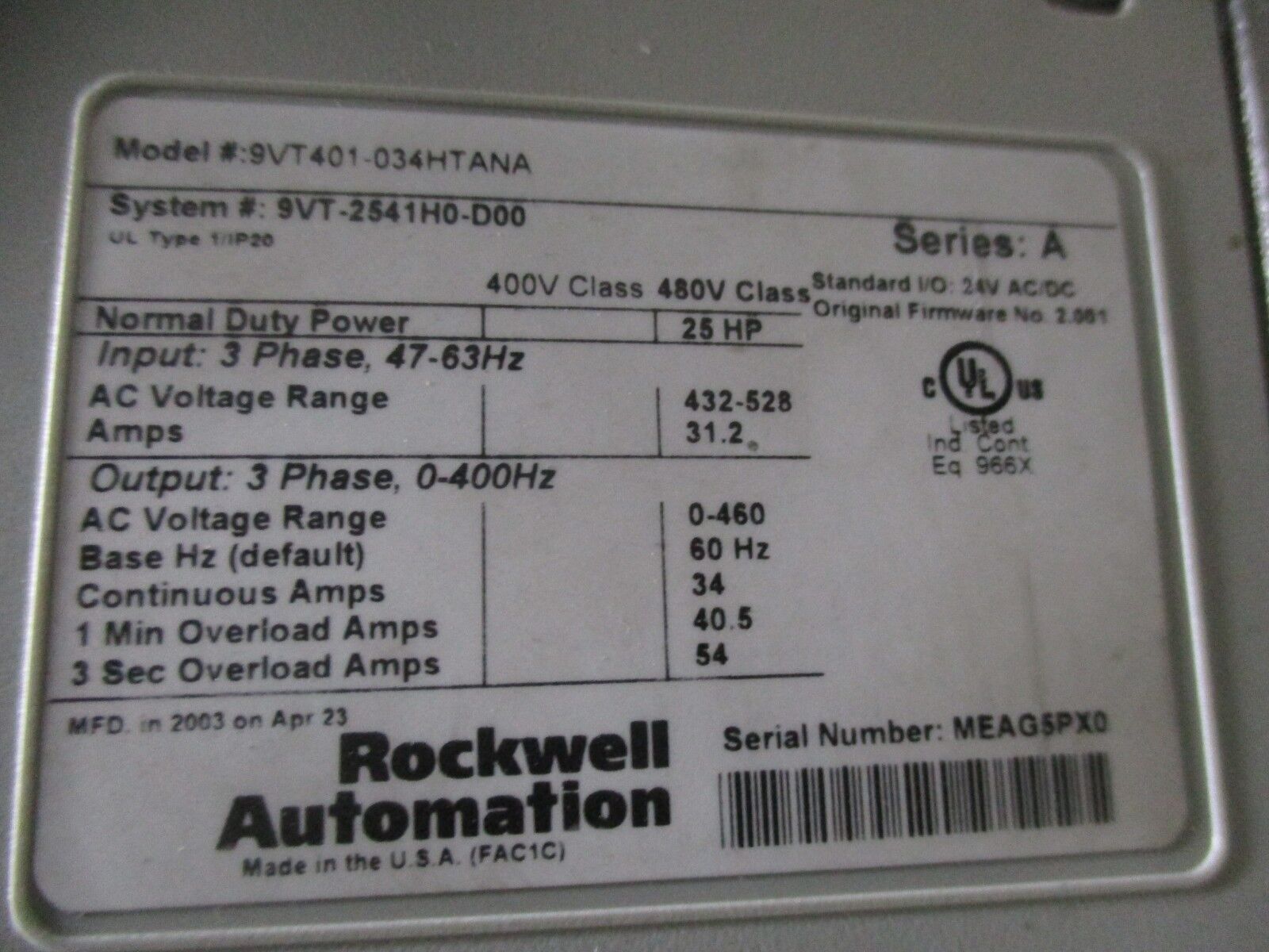 Rockwell Automation VTAC 9 AC Drive w/ Bypass 9VT-2541H0-D00 25HP 3Ph Used